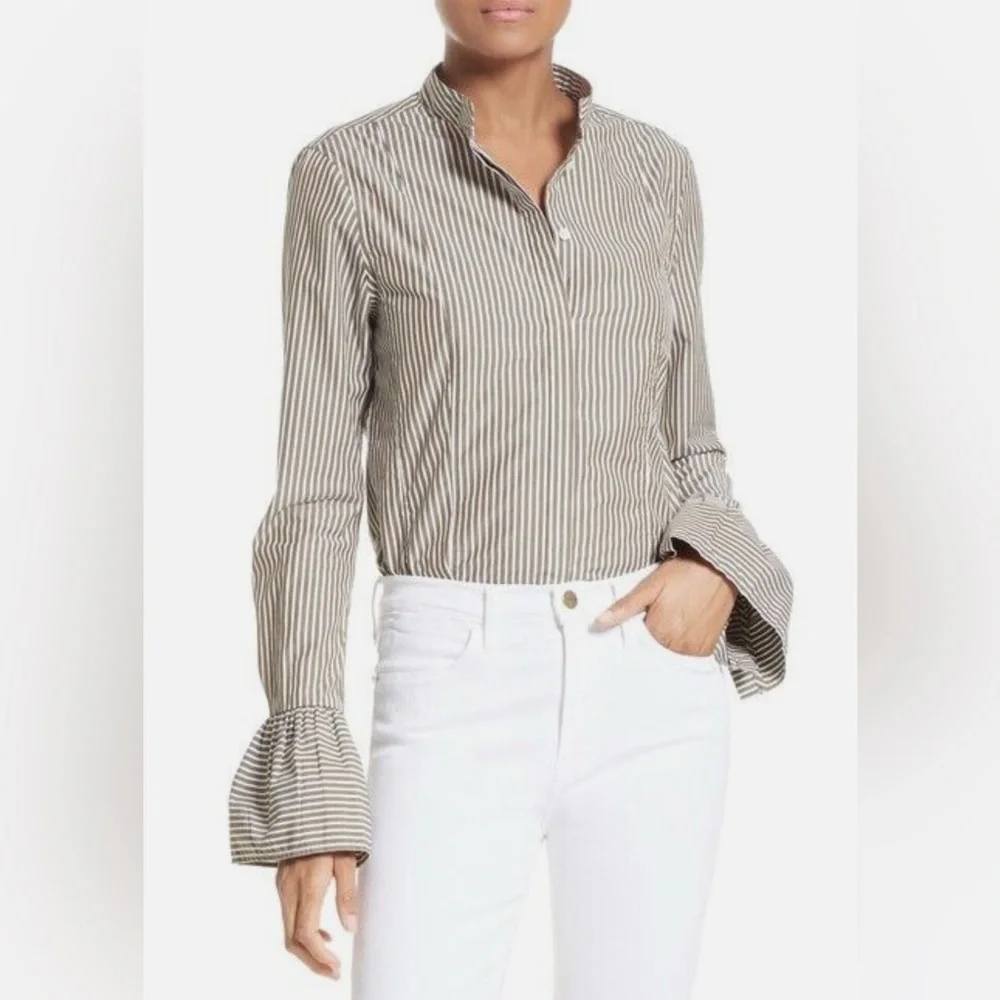 Frame Sage Green Bell Sleeved Striped Poplin Shirt - Picture 1 of 8